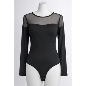 Abercrombie & Fitch Bodysuit Womens Large Black Mesh Panel Long Sleeve Sheer Top